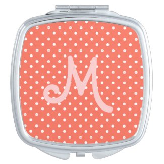 Coral polka dots on red monogram Compact mirror