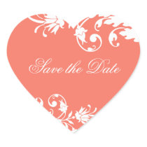 Coral Save the Date Heart Shaped Stickers