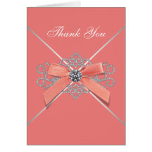 Coral White Diamonds Coral Bow Thank You Cards