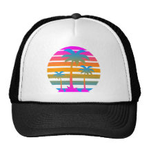 Corey Tiger 80s Retro Sunset Palm Trees Mesh Hat