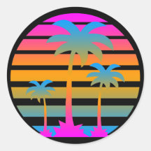 COREY TIGER RETRO SUNSET PALM TREES ROUND STICKER
