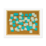 Cork board with sticky notes postcards