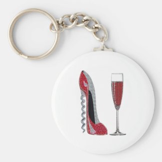 Corkscrew Red Stiletto and Red Wine Art Key Chain