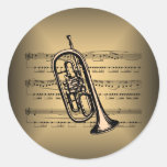 Cornet With Sheet Music Background Round Sticker