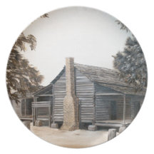 country barn log cabin oil painting dinner plate