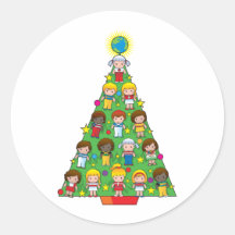 Country Children Christmas Tree Round Sticker