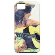 Country Girl with Acoustic Guitar Water Colour