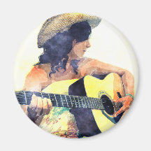 Country Girl with Acoustic Guitar Water Colour Magnet