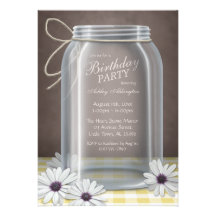 Country Mason Jar Yellow Gingham Birthday Party Invitation