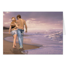 Couple in Love Walking on Beach into the Sunset Greeting Cards