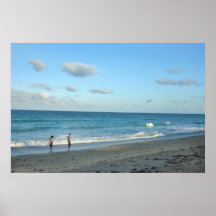 Couple walking on florida beach w seagull poster