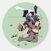 couple wearing gas maskes round stickers