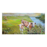 Cow and Calf Painting on a river bank in England Photo Card