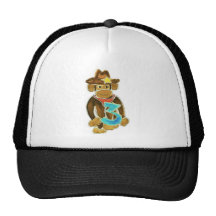 Cowboy Monkey Holding Three Trucker Hats