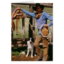 Cowboy posing with lasso and pet dog greeting cards