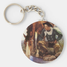 Cowboy Watering His Horse by NC Wyeth, Vintage Art Keychain