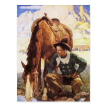 Cowboy Watering His Horse by NC Wyeth, Vintage Art Postcard