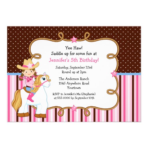 Cowgirl on White Horse Birthday Personalized Invitations