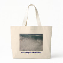 Crashing on the beach!! tote bags