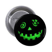 Crazy Jack O Lantern Pumpkin Face Green Buttons