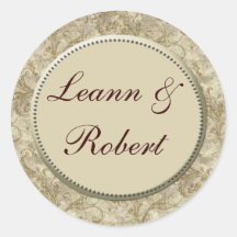 Cream and tan damask wedding stickers -