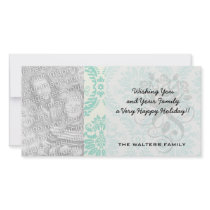 cream blue green damask pattern personalized photo card