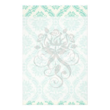 cream blue green damask pattern personalised stationery