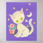 Cream Kitty Cat With Flower Pot, Moon & Stars posters