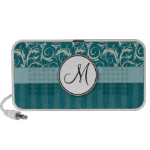 Cream on Teal Floral Wisps & Stripes with Monogram Mp3 Speakers