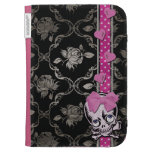 Creepy Girl Skull with Pink Bow on Black Damask Kindle Cases