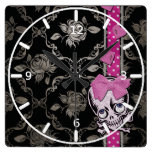 Creepy Girl Skull with Pink Bow on Black Damask Wall Clocks