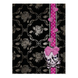 Creepy Girl Skull with Pink Bow on Black Damask Postcard