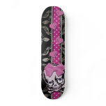Creepy Girl Skull with Pink Bow on Black Damask Custom Skateboard