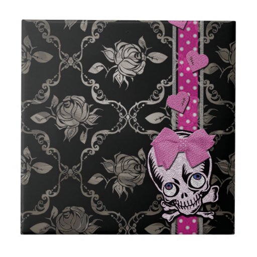 Creepy Girl Skull with Pink Bow on Black Damask Ceramic Tiles