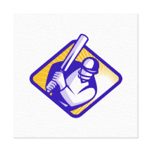 Cricket Player Batting Front Retro Woodcut Gallery Wrapped Canvas