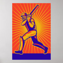 cricket sports batsman batting retro poster