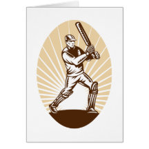 cricket sports player batsman batting woodcut cards
