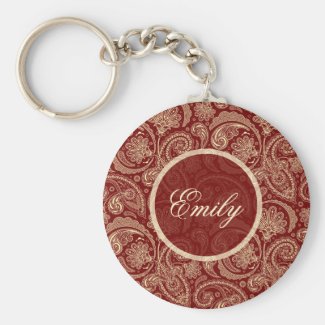 Crimson Red And Beige Creme Vintage Paisley Basic Round Button Key Ring