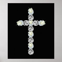 Cross of Silver and White Roses Print
