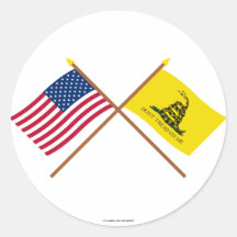 Crossed US and Gadsden Flags Round Sticker