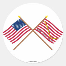 Crossed US and Rattlesnake Flags Round Stickers