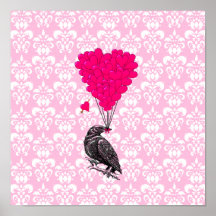 Crow and heart on pink damask print