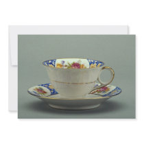 Cup and saucer with colourful flower designs on it personalised invitation