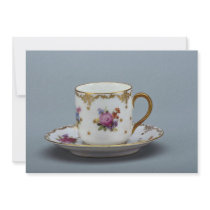 Cup and saucer with colourful flowers on it. personalized invitation