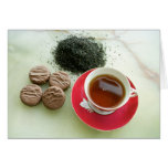 Cup of black tea with chocolate biscuits cards
