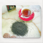Cup of black tea with chocolate biscuits mousepads
