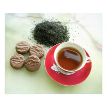 Cup of black tea with chocolate biscuits photo print