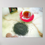 Cup of black tea with chocolate biscuits posters