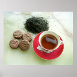 Cup of black tea with chocolate biscuits posters