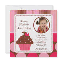 Cupcake Photo Birthday Invitation Cherry Pink Dots